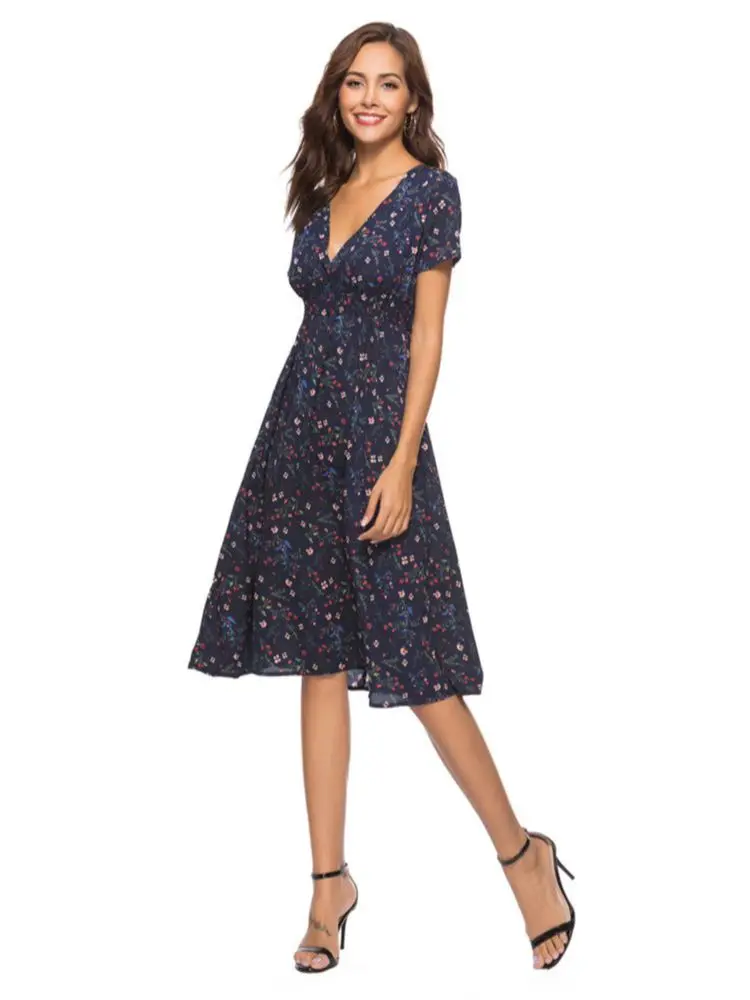 

Women's Dress Beach Dress Print V-Neck Short Sleeve Dress Bohemian Dress Floral Print Vintage Chiffon Midi Dress 2022 Summer New