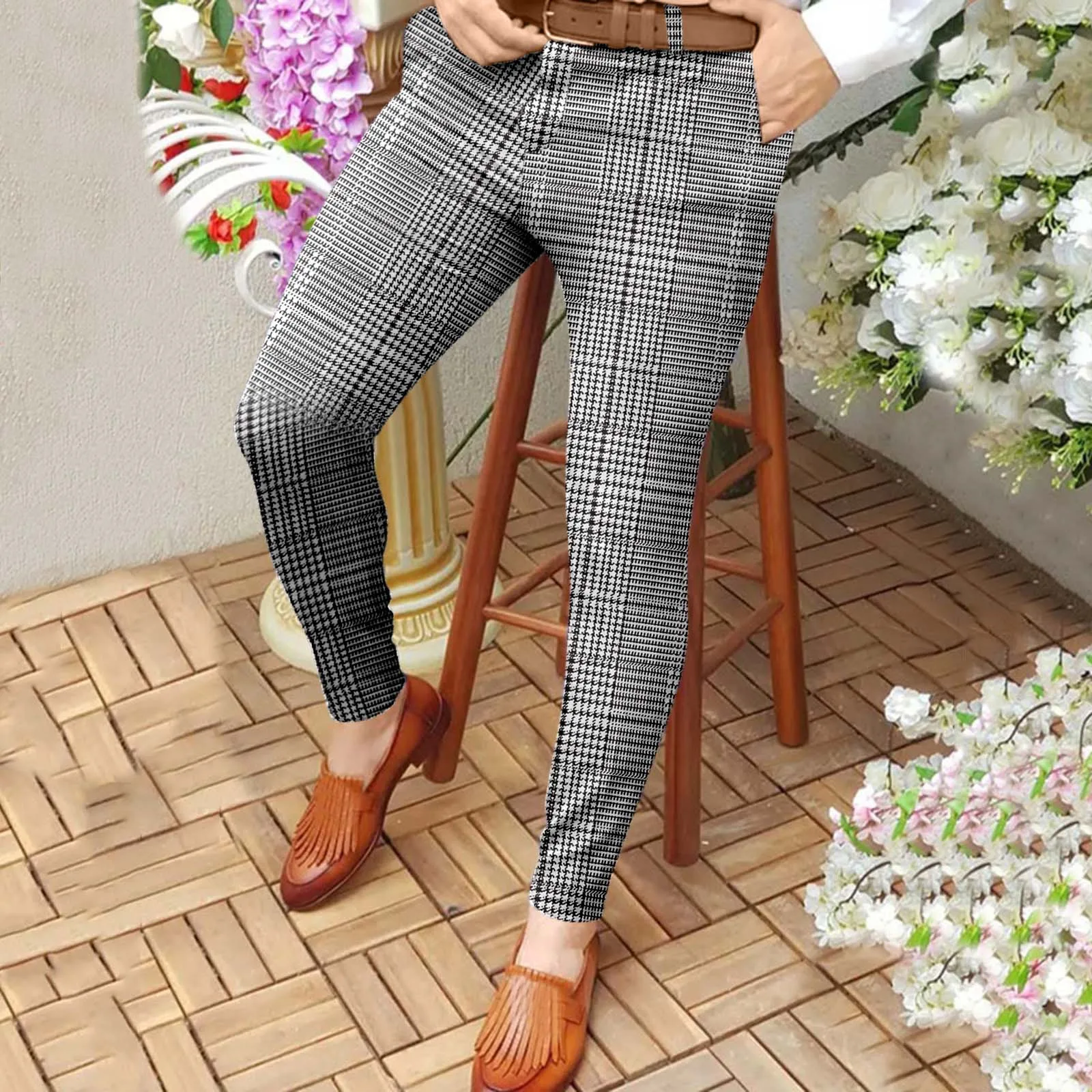 

Male Casual Business Swallow Gird Print Slim Pants Zipper Fly Pocket Cropped Pencil Trousers