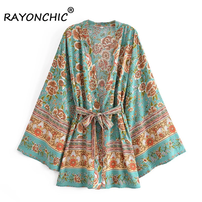 

RAYONCHIC Green Print Resort Wear Boho Robe Long Sleeve Sashes Summer Beach Bikini Bathing suit Women Mujer Bohemian Kimono