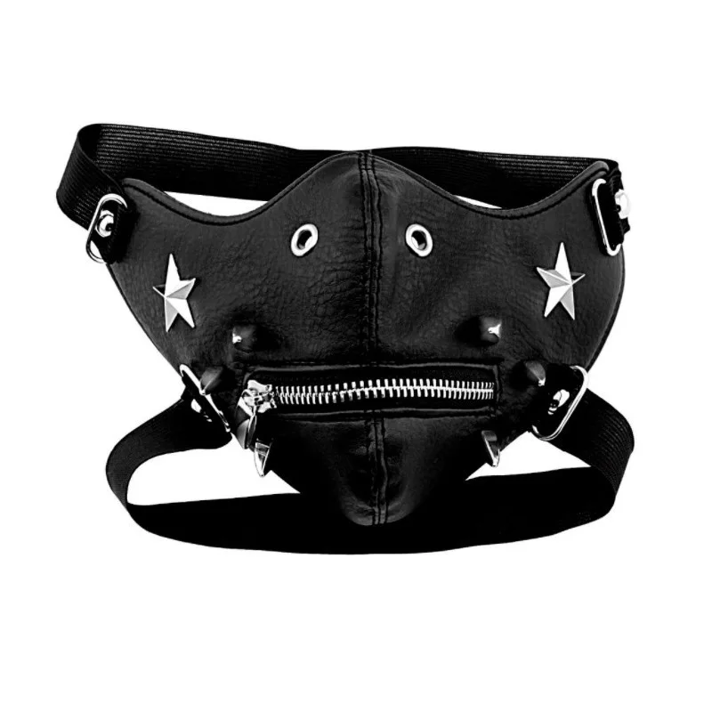 

Harajuku Street Youth Dark Punk Style Mask Halloween Cosplay Devil Mask Metal Chain Punk Rock Half Face Mask Goth PU Mask Rivet