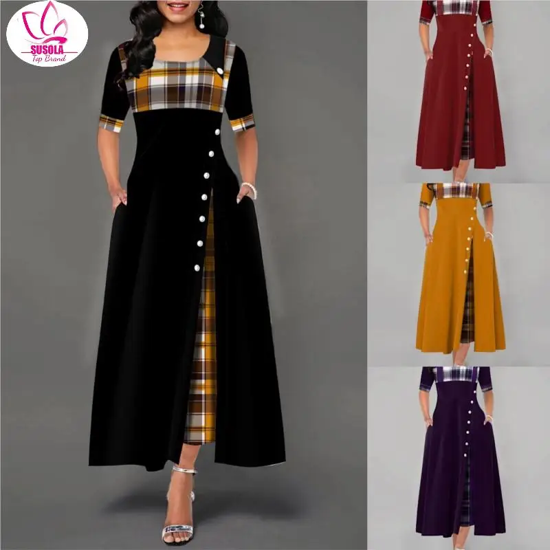 SUSOLA 4xl 5xl женские элегантные длинные клетчатые вечерние платья с принтом