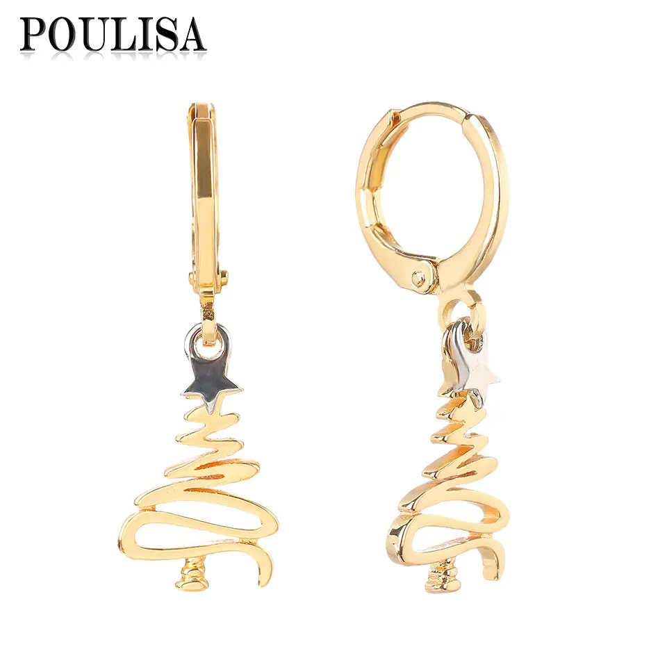 

Poulisa Romantic Metal Christmas Tree Hoop Earrings for Women Jewelry Simple Double Color Plated Drop Earrings Christmas Gift