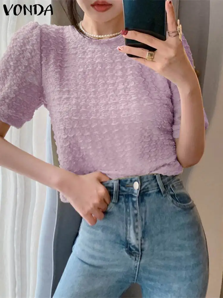 

VONDA Women Summer Blouses 2023 Fashion Short Sleeve Round Neck Casual Solid Color Blusas Elegant Tops Streetwear Femininas