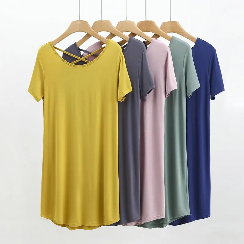 

2023 Korean Style Beautiful Back Pajama Nightdress for Women Summer Sexy Short Sleeved Medium Length Modal Home Dress for Women