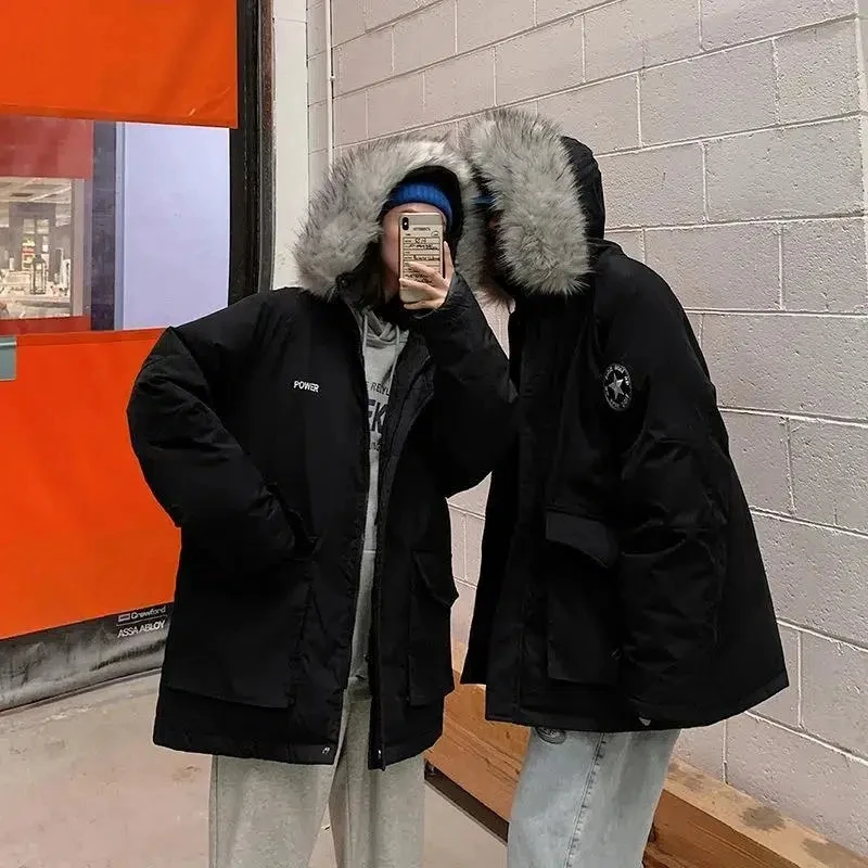 Kpop Thickened Cotton Coat Women's Winter Trend Medium Long Wool Collar Cotton Shirt Fashion Warm Harajuku Hooded Parker