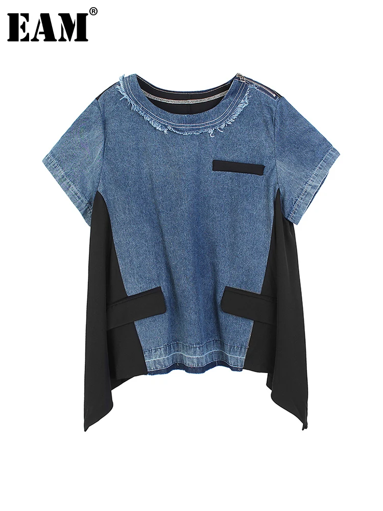 

[EAM] Women Black Irregular Denim Big Size Casual T-shirt New Round Neck Short Sleeve Fashion Tide Spring Summer 2022 1DE9807