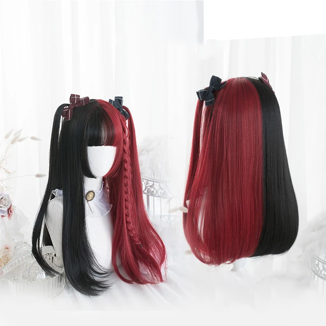 

Red Black Double Spell Lolita Wigs For Women Long Synthetic Straight Wig With Bangs Genshin Impact Cosplay Wig For Female