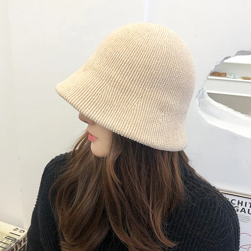 

Hot Sale Bucket Hat Women Winter Autumn Fisherman Cap Female Keep Warm Simple Casual Knitted Bucket Hat Women Korean New