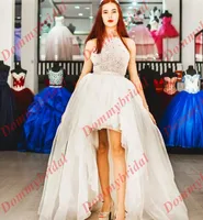 Cute Halter Sheer neck High Low Tulle A line 2022 Wedding Dresses Cheap Bridal Gown Beading Top Open Back Boho Summer Designer