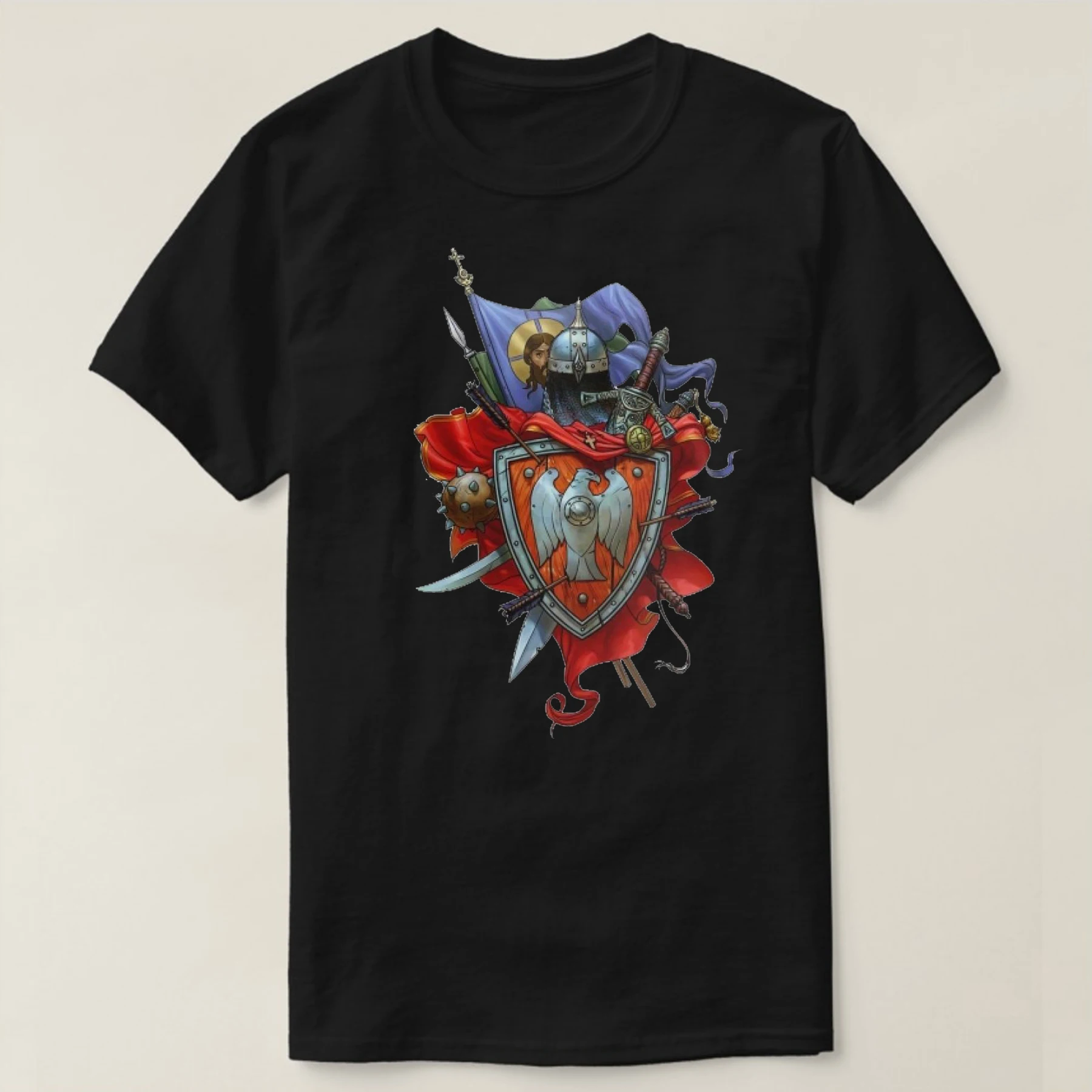 

Slavic Warrior Weapons Shield Helmet Christian Flag T Shirt. High Quality Cotton, Breathable Top, Loose Casual T-shirt S-3XL