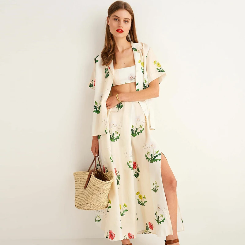 

Floral Print women Set Notched Collar Short Sleeve Blouse Shirt tops + Midi Skirt 2022 New