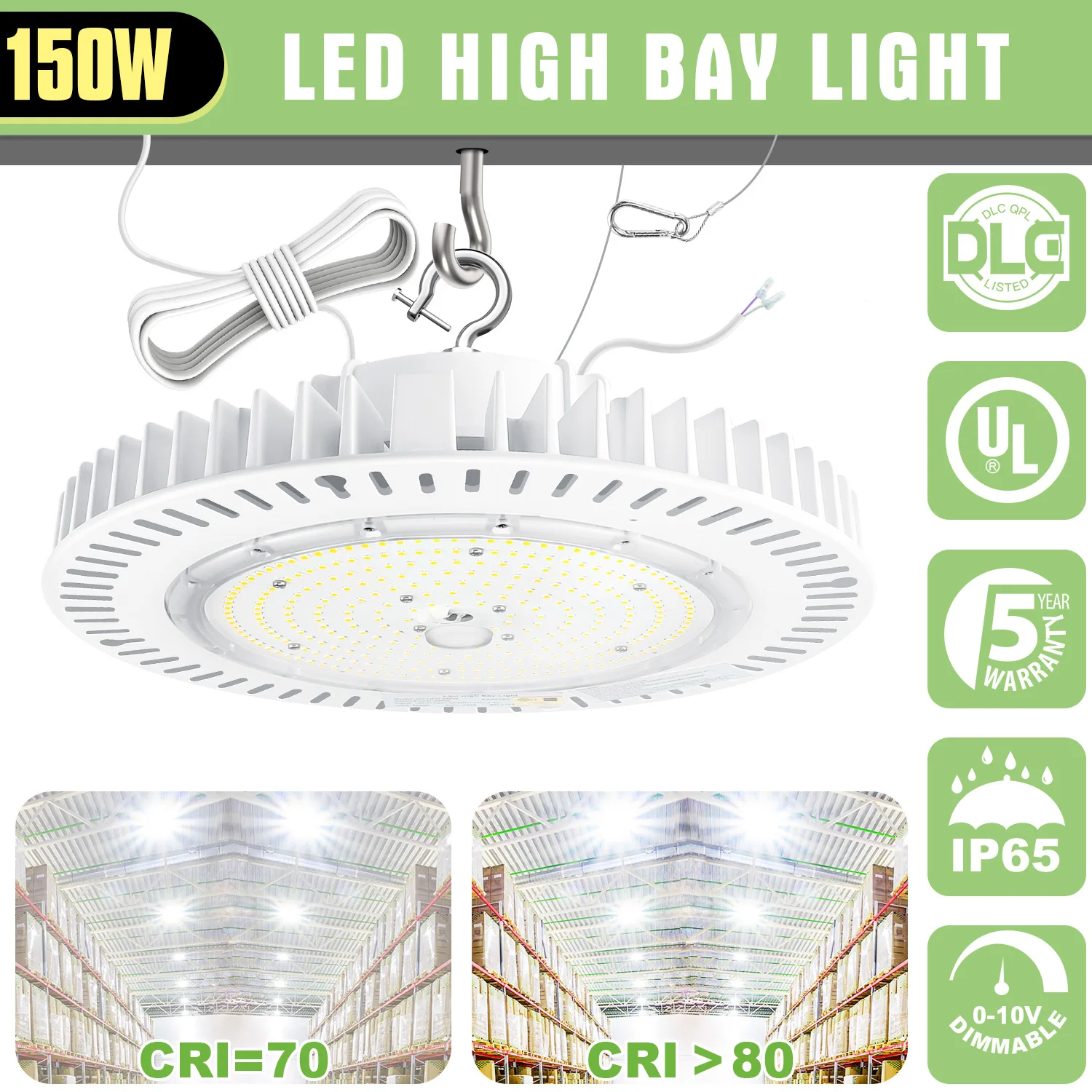 

Ngtlight Workshop Light IP65 Dimmable 100-277V 5 Years Warranty UL Listed Warehouse Garage 150W 200W 240W UFO LED High Bay Light