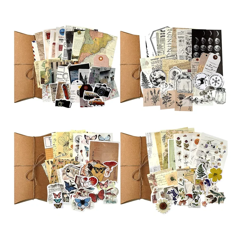 

4 Sets Vintage Scrapbooking Stickers DIY Journaling Scrapbook Adhesive Washi Paper Stamp Stickers Retro Collection