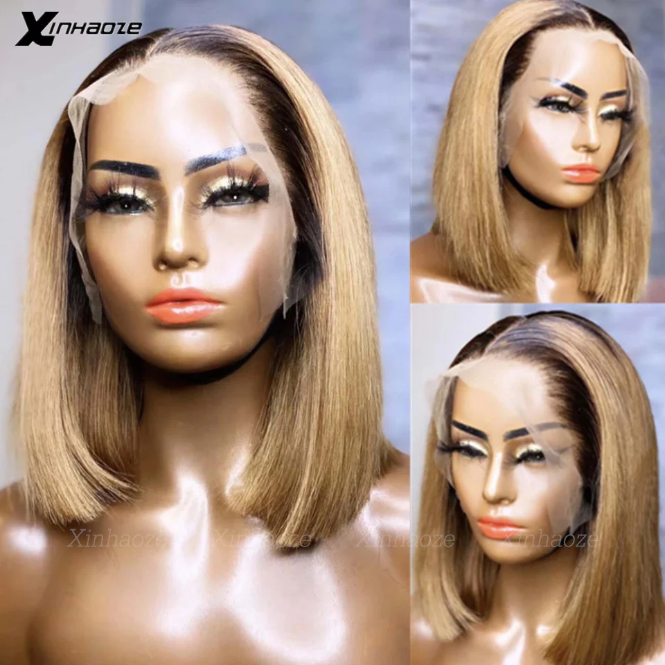 Ombre Bob Wig With Baby Hair Honey Blonde Straight 5x5 Silk Top Human Hair Wigs 1b27 Short Lace Front Human Hair Wig Pre Plucked