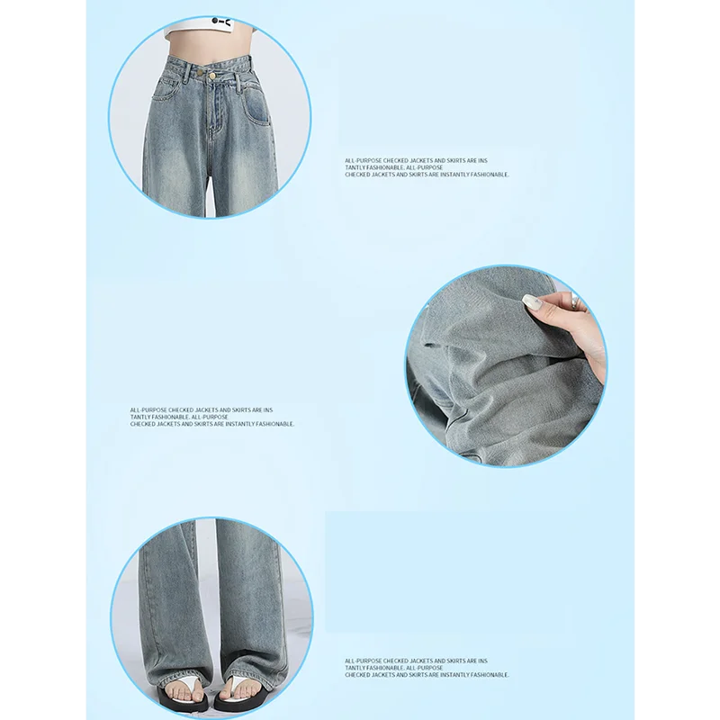 High waist wide leg jeans for female spring and summer 2023 Baby blue commuter trousers for teenagers