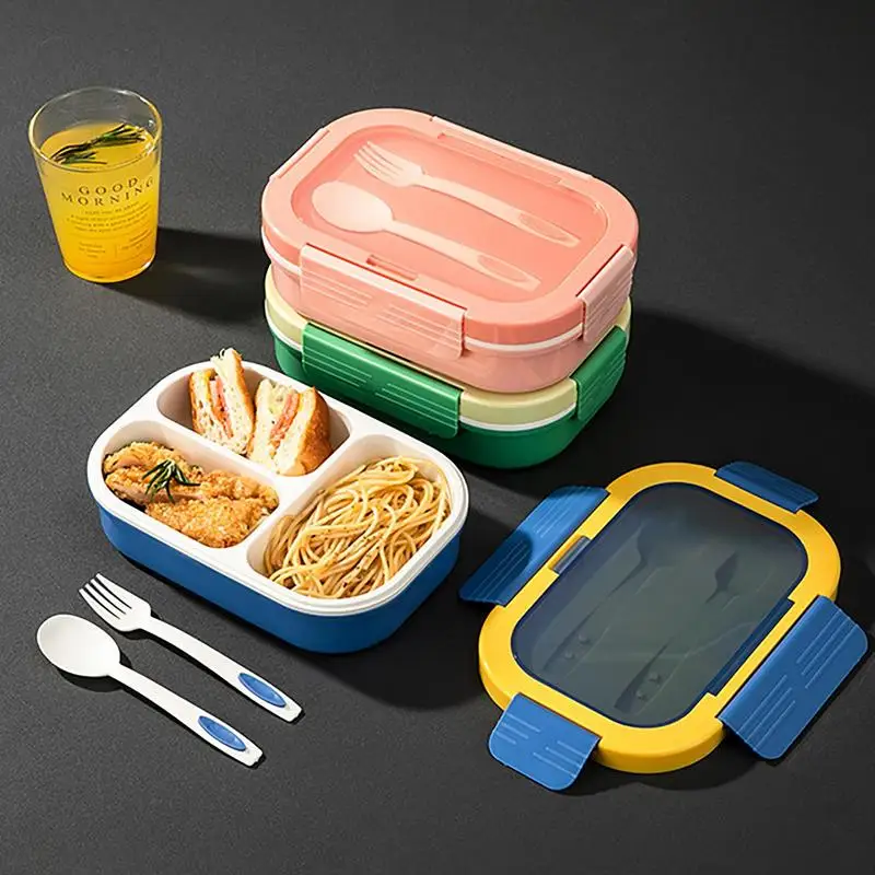 

Lunch Box Food Storage Box Grids Student Office Worker Microwave Bento Box Outdoor Picnic Container With Fork Spoon