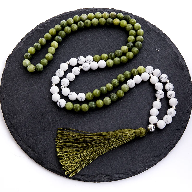 

8mm Natural Southern Jade Howlite Beaded Japa Mala Necklace 108 Rosary Meditation Yoga Blessing Tibetan Tassel Pendant Jewelry