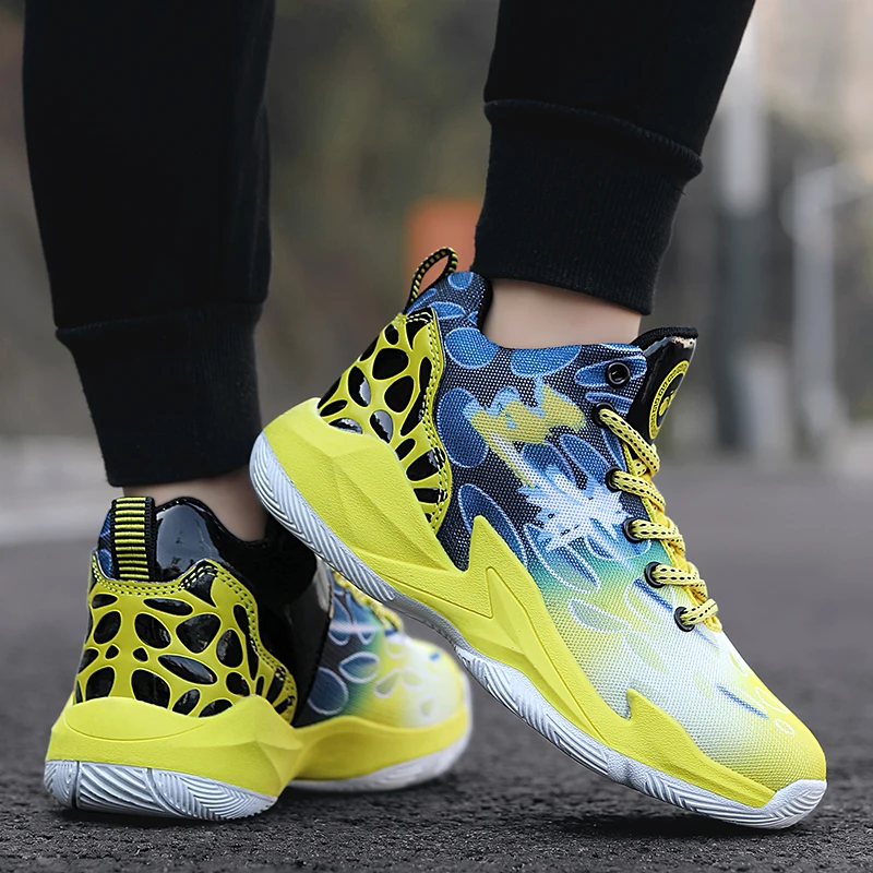 Youth Basketball Shoes Yellow Red Boys Comfortable Sneakers Basketball Training Shoes Non-Slip Sneakers Street Basketball Shoes