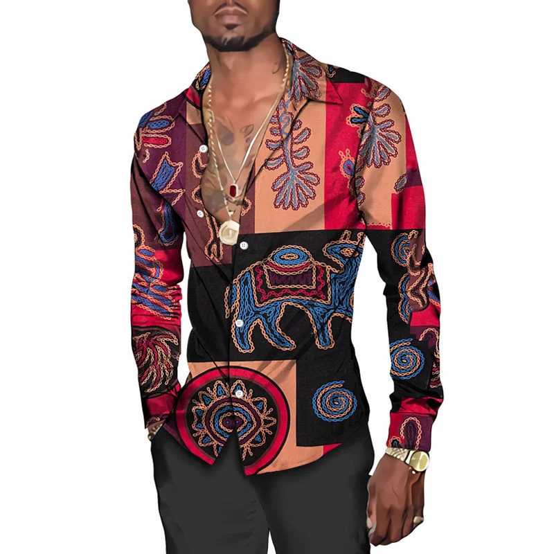 

Африканские Дашики, мужские рубашки, цветные винтажные этнические топы с отложным воротником с коротким/длинным рукавом и пуговицами, традиционная уличная одежда для пар