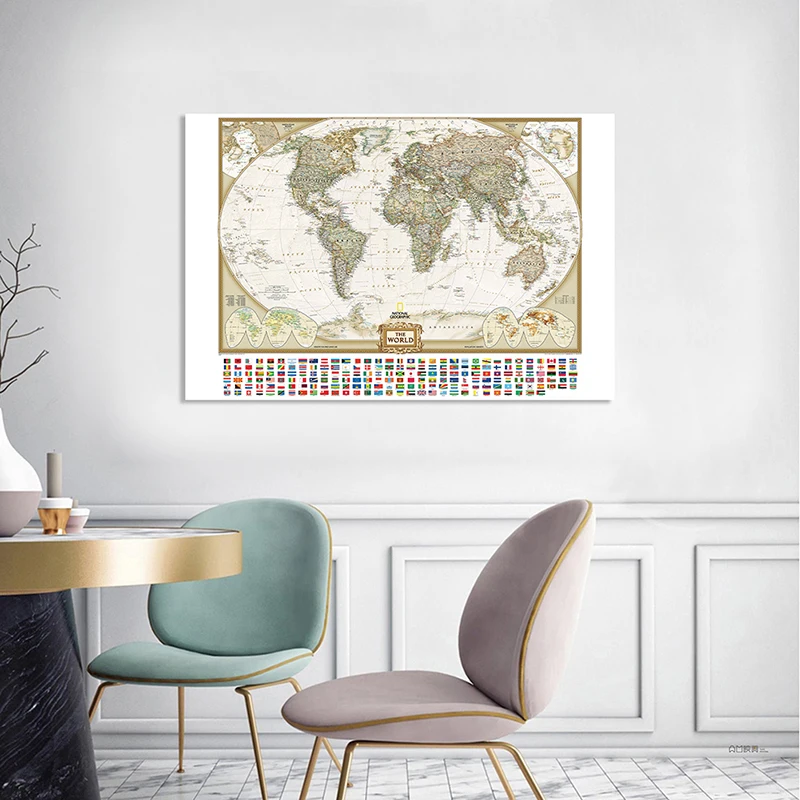 

225*150cm The Vintage World Political Map with National Flags Detailed Poster Spray Canvas Painting Home Decor School Supplies