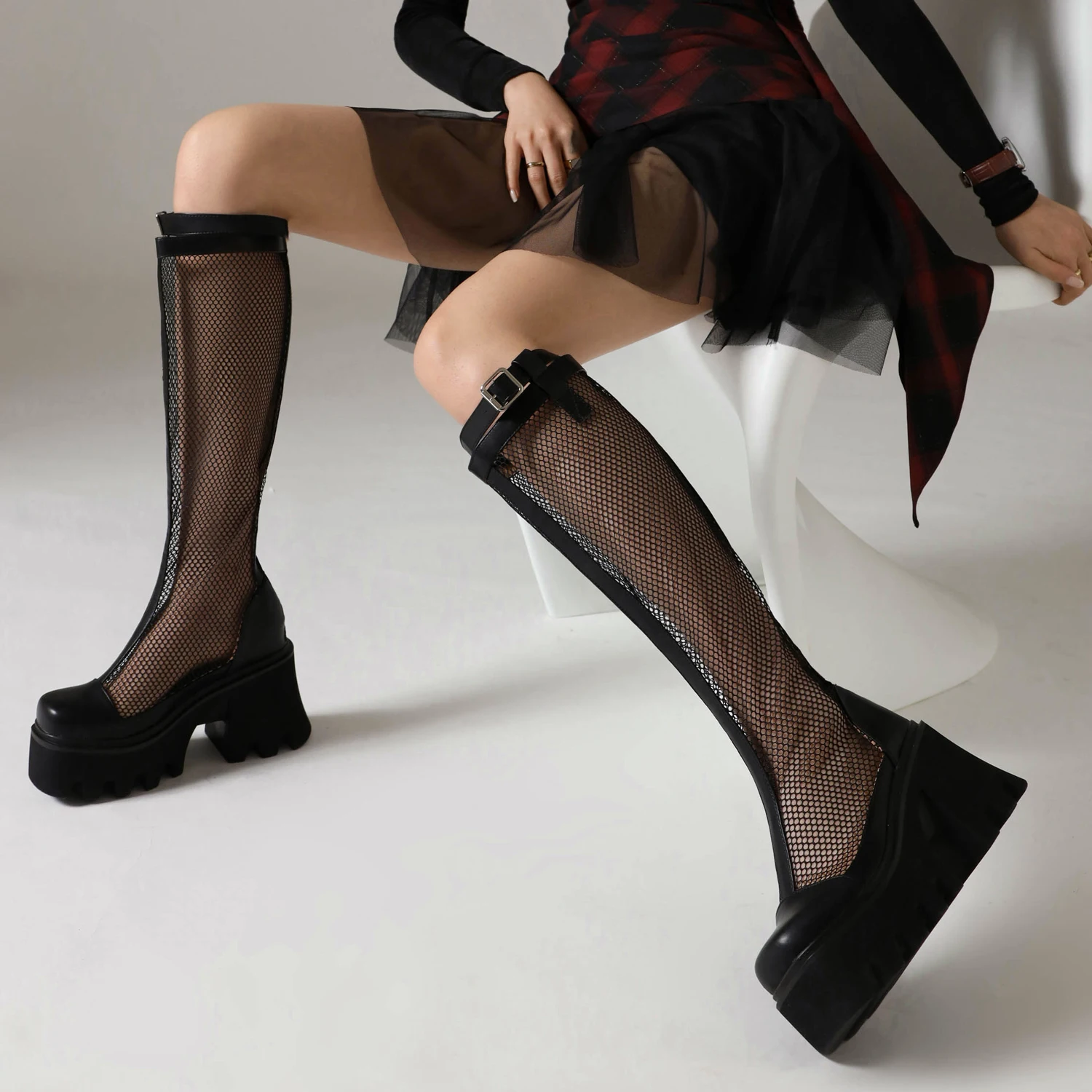Knee Belt Buckle Round Hole Breathable Mesh Splicing PU Summer Breathable Women's Knee High Boots Platform Hollow Socks Boots