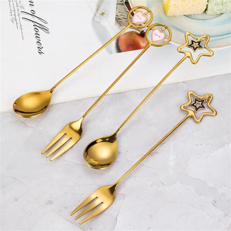 

Gold-plated Heart-shape Fork Spoon Stainless Steel Coffee Spoon Cutlery Set Wedding Decoration Tableware Utensils For Kitchen
