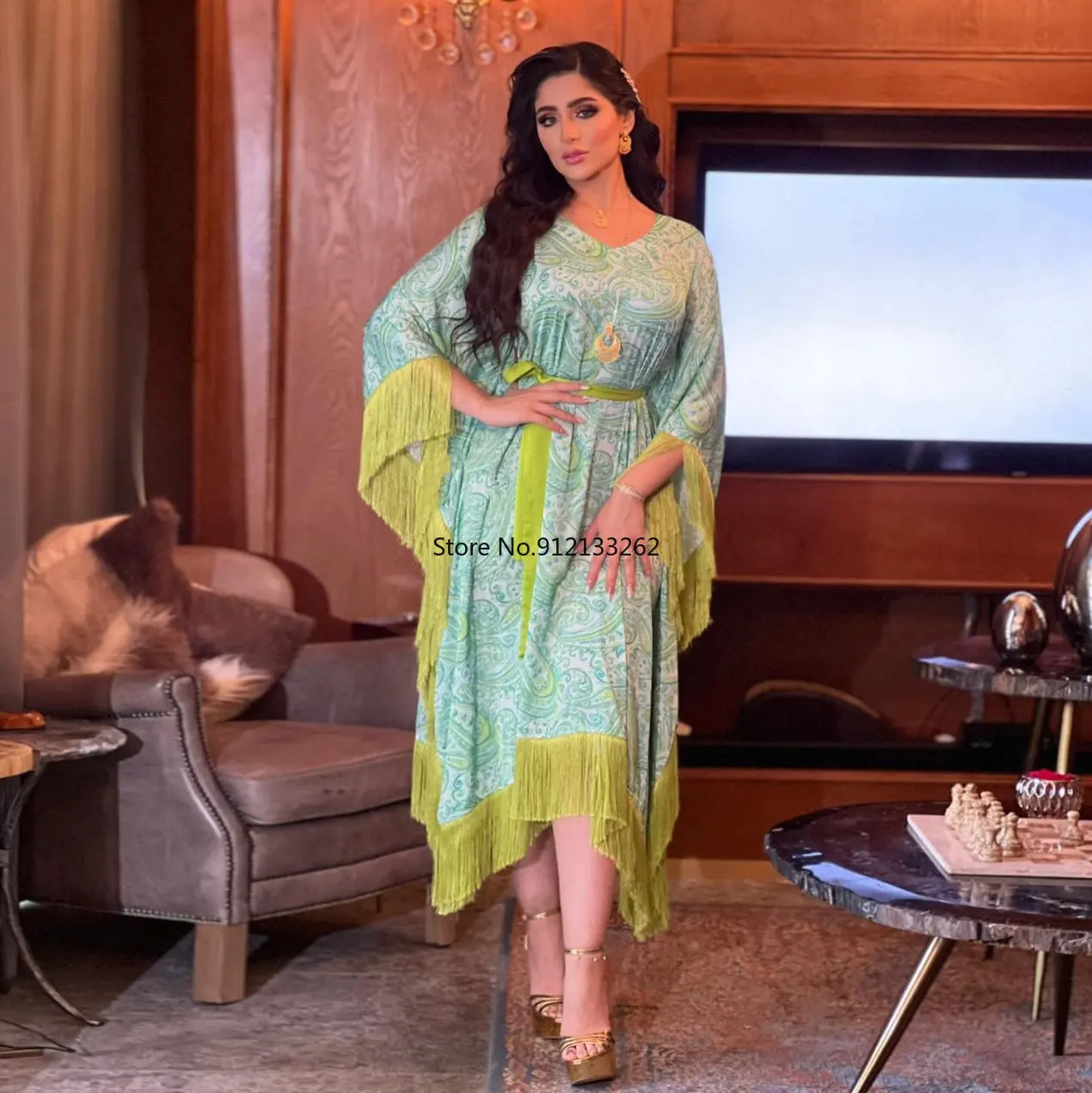 

Новинка 2022, атласное платье с бахромой Abaya, мусульманская вечерняя одежда с рукавами летучая мышь, элегантная женская одежда со шнуровкой и ...