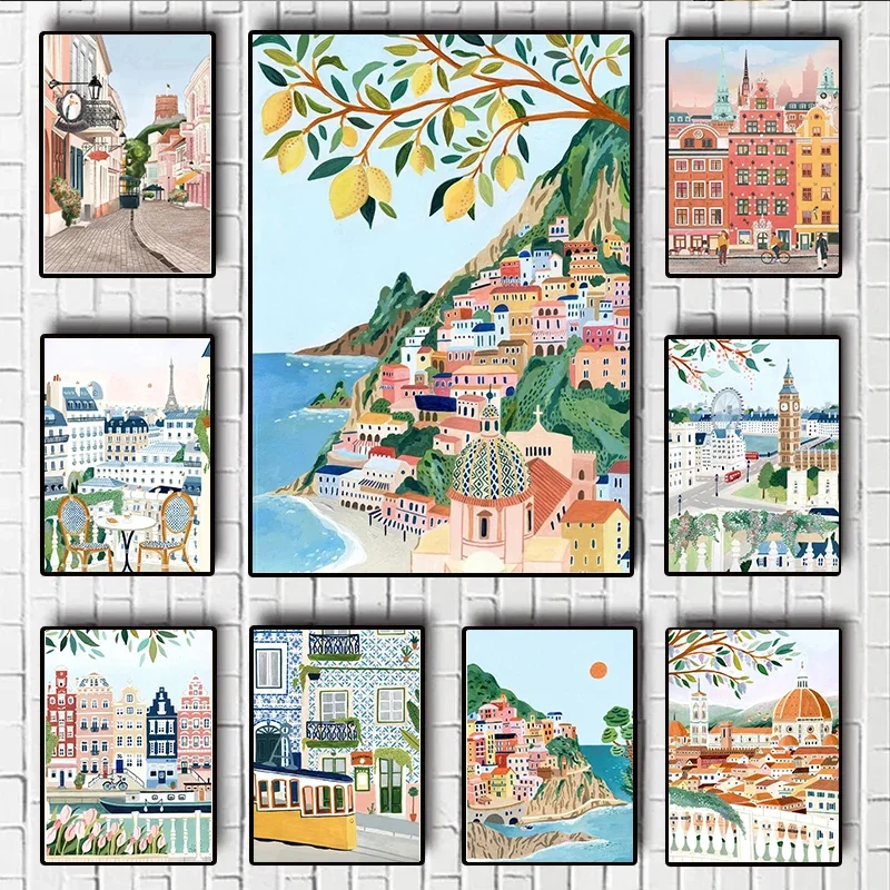 Винтажный постер в скандинавском стиле для путешествий города Париж Лиссабон