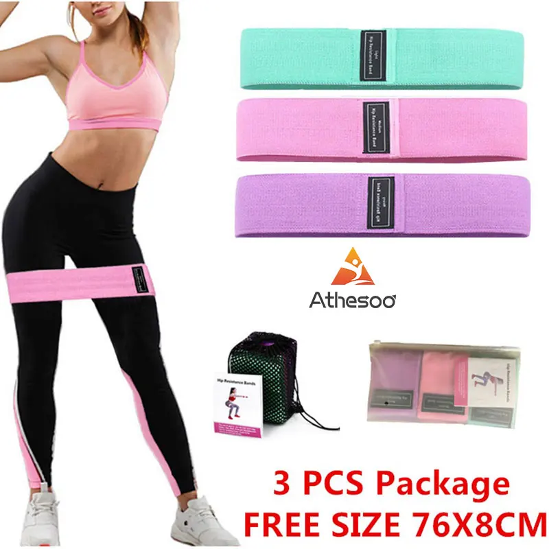 Athesoo 【3PCS/Set】Hip Resistance Bands Hip Circle Exercise Cotton Thigh Butt Squat Fitness Rubber Band Elastic Band