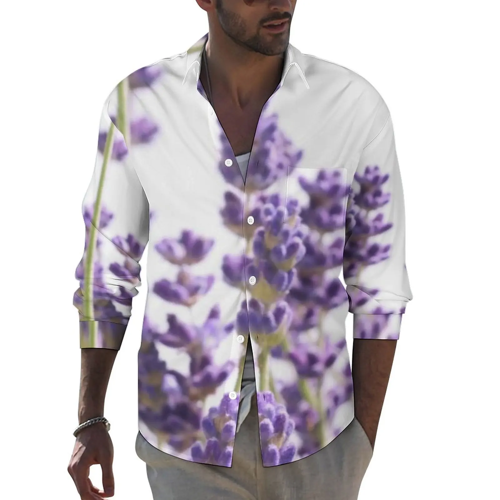 

Рубашка мужская повседневная с длинным рукавом, фиолетовый/Лавандовый принт, винтажная блузка с длинным рукавом, с цветочным рисунком, Y2K, весна