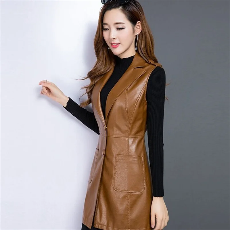 

Spring And Autumn Women's Medium Length PU Leather Vest 2023 Female New Korean Leather Vest Imitation Leather Slim Jacket Coat