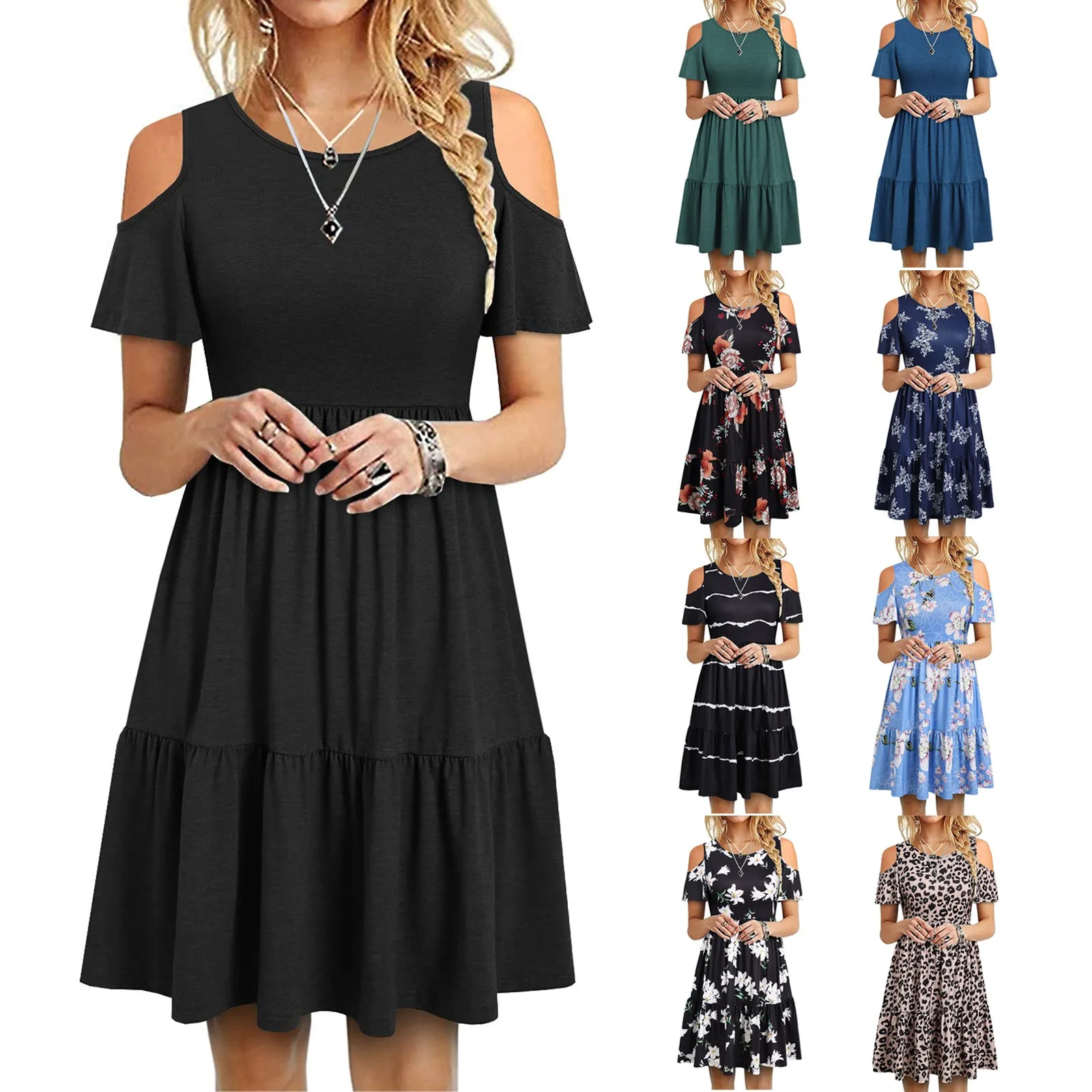 

Модное платье 2022, женское повседневное мини-платье с открытыми плечами и рукавами, летнее свободное короткое плиссированное платье с оборк...