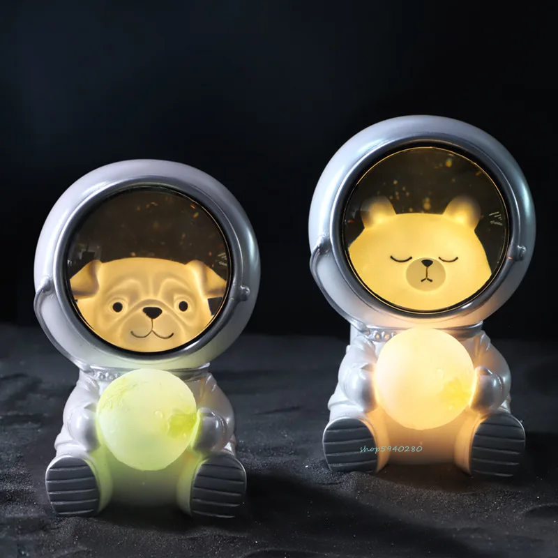 Astronaut Night Light Cartoon Cat Dog Bear Space Moon Light Bedside Decor Desk Lamp Children Kid’s Gift Resin LED Night Lamp