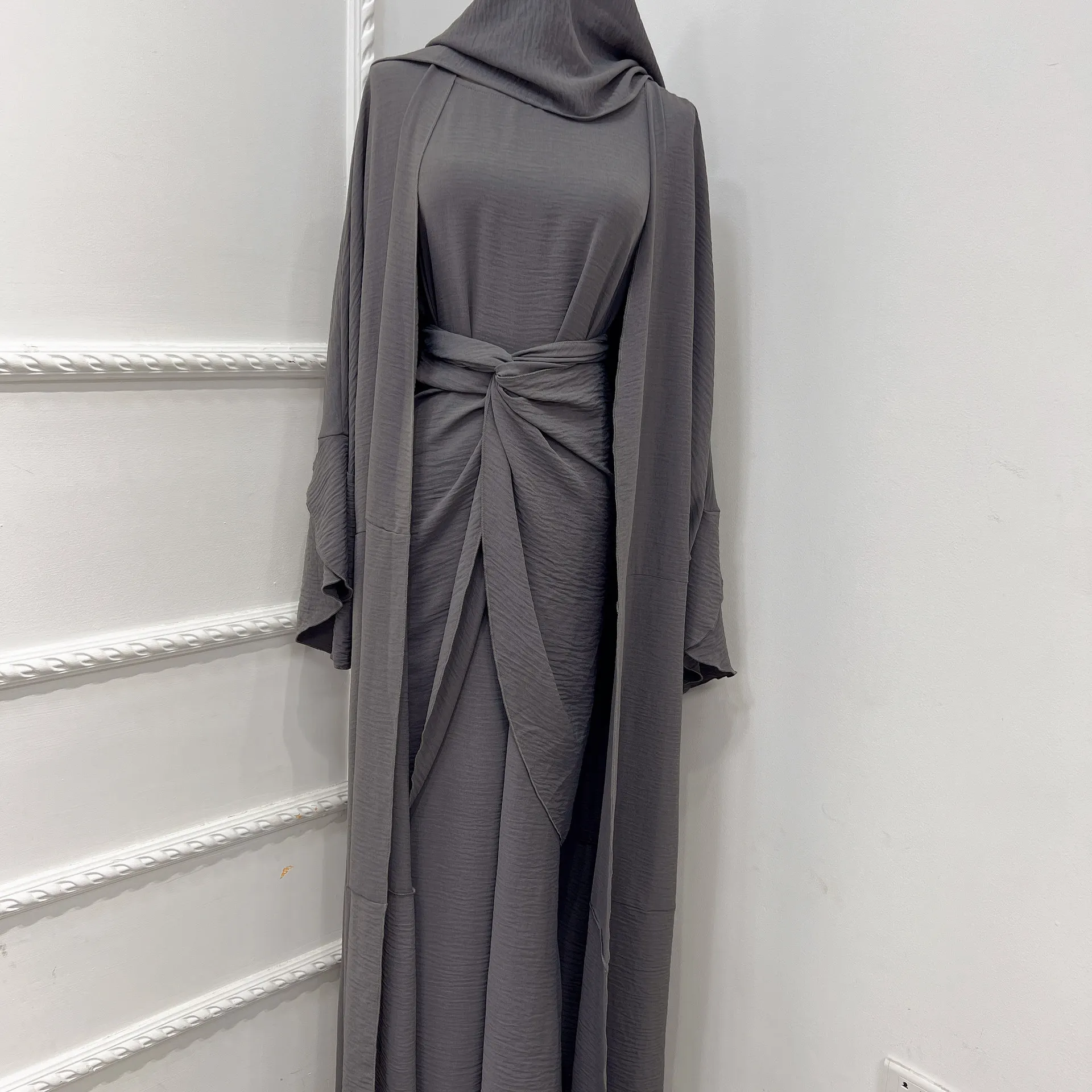 Eid 3 Piece Matching Muslim Sets Crinkle Abayas for Women Dubai Hijab Dress Open Abaya Kimono Wrap Front Maxi Skirt Islam Outfit