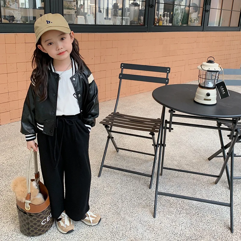 

MILA CHOU 2022 Spring Autumn Girls Fashion Cropped Leather Jacket Children Baseball Uniform Kids Black Coat Clothes 2-8Y