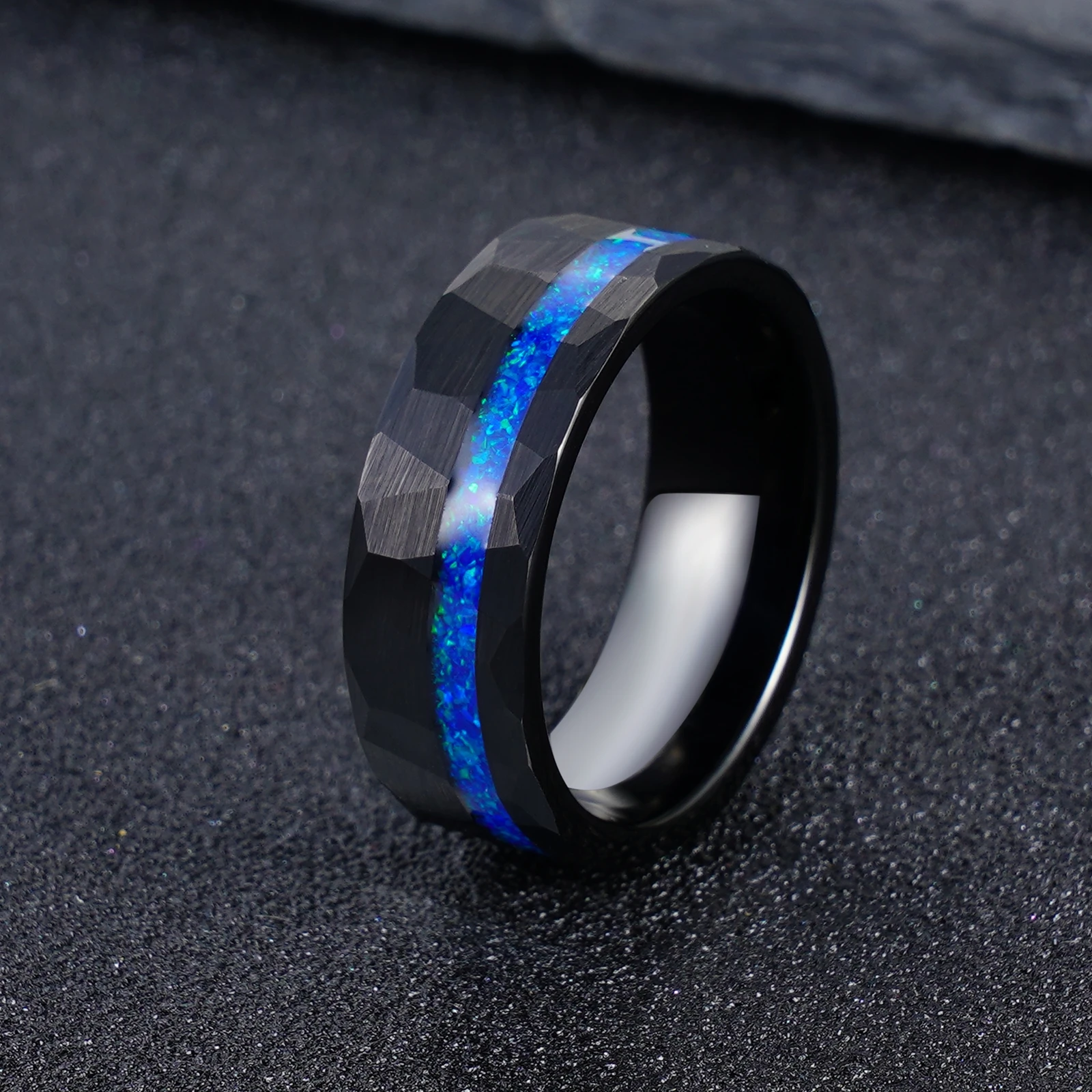 POYA мужское кованое вольфрамовое кольцо с синим опалом