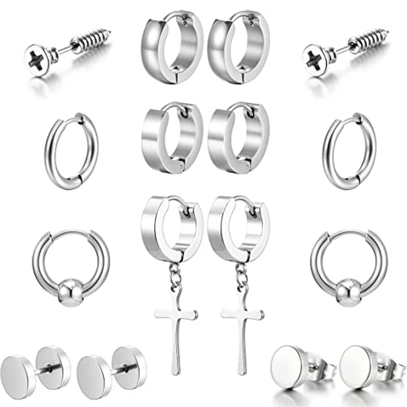 

8 Pairs Hypoallergenic Stainless Steel Stud Earrings for Men Women Set Hoop Huggie Piercing Earrings Punk Pop Minimalist