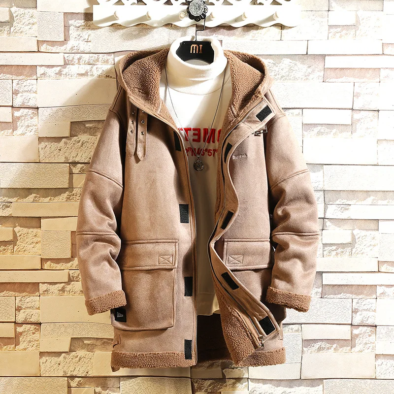 Mid-length Imitation Lamb Fur Fur Warm Winter Jacket Mens Fashion Thickened Hooded Faux Leather Jackets  Leather Trench Coat Men