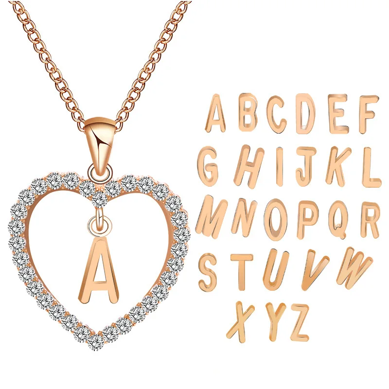 

Rose Gold Color 26 Initials Letter Name Necklace for Women Girls Rhinestones Alphabet Heart Pendant Necklace Vintage Jewelry New