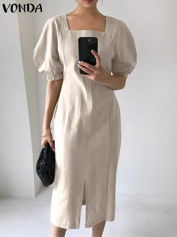 

VONDA Sexy Square Collar Shirt Dress Women Short Puff Sleeve Slit Solid Casual Summer Sundress 2022 Fashion Party Vestidos Robe