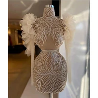 arabic sexy cocktail dresses beads appliques prom wear illusion short evening party dress women formal long sleeves gowns