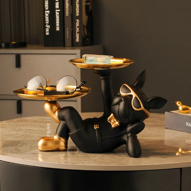 

French Bulldog Decoration Dog Butler with 2 Metal Tray for Storage Keys Holder Home Decor Resin Art Sculpture Ornaments Nordic