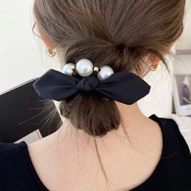 

Новинка, женские резинки для волос с бантом и жемчугом для девочек, повязка на голову с черными бантиками, эластичные резинки для волос, завязки, аксессуары для волос, держатель для конского хвоста