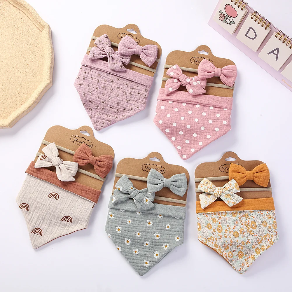 

3Pcs Baby Headband Tassel Saliva Towel Floral Print Newborn Bibs Boys Girls Bandana Burp Cloths Feeding Smock Stuff