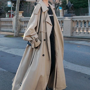 Lautaro Spring Autumn Extra Long Flowy Oversized Casual Trench Coat for Women Belt Double Breasted L in India
