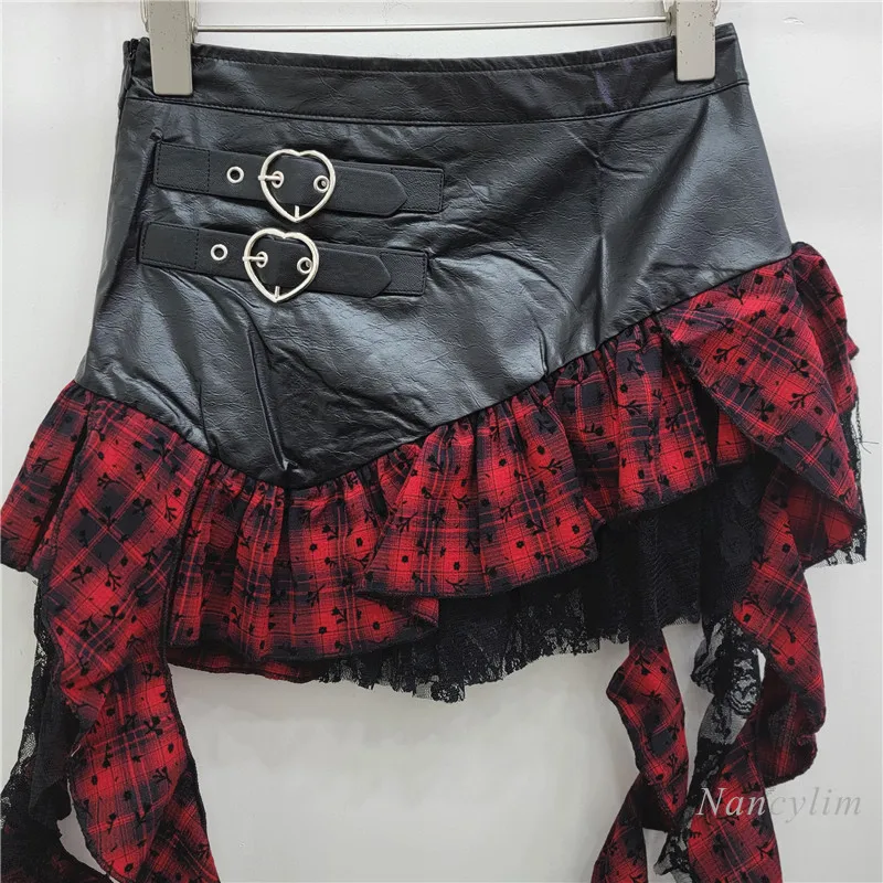 Юбка с нерегулярными рюшами по краям клетчатая кожаная юбка пряжкой Любовь