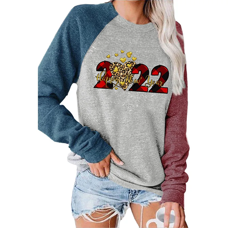

2022 Spring Autumn Print T-shirt Women Casual Long Sleeve Round Neck Tee Tops Fashion Stitching Pullover Straight T-shirt