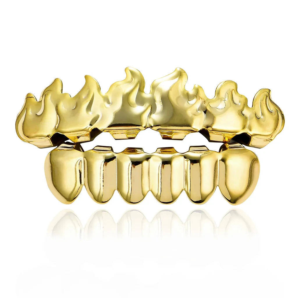 

HipHop Bling Iced Out CZ Teeth Grillz Caps Set Top&Bottom Cubic Zircon Gold Silver Color Tooth Grills Caps For Men Women Jewelry