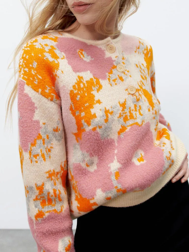 

Новинка Зима 2022 женская одежда милая темпераментная Цветочная универсальная жаккардовая Повседневная вязаная кофта с круглым вырезом и дл...