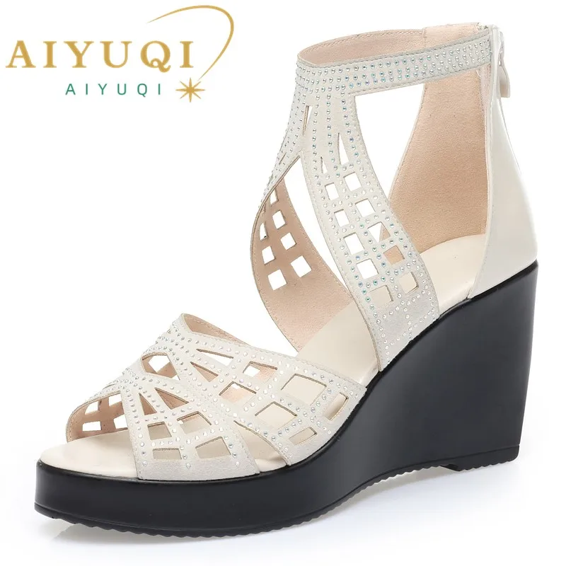 AIYUQI Women's Sandals Wedge 2023 New Fashion Roman Sandals Women High Heel Rhinestone Fishmouth Women's Summer Sandals